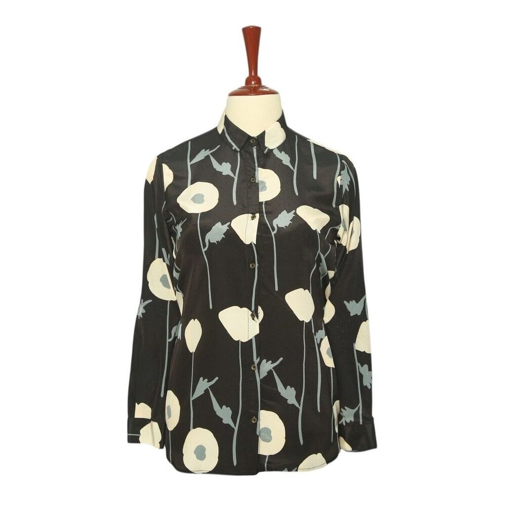 Womens Silky Satin Shirt Black Beige Floral Blouse Button Up Dressy Top Medium